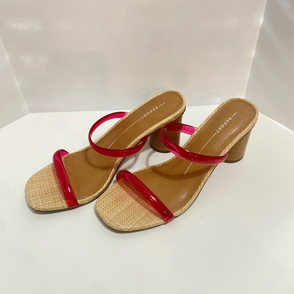 Report - Red Jelly Strap Sandal with 3 inch Round Block Heel. Size 6.5